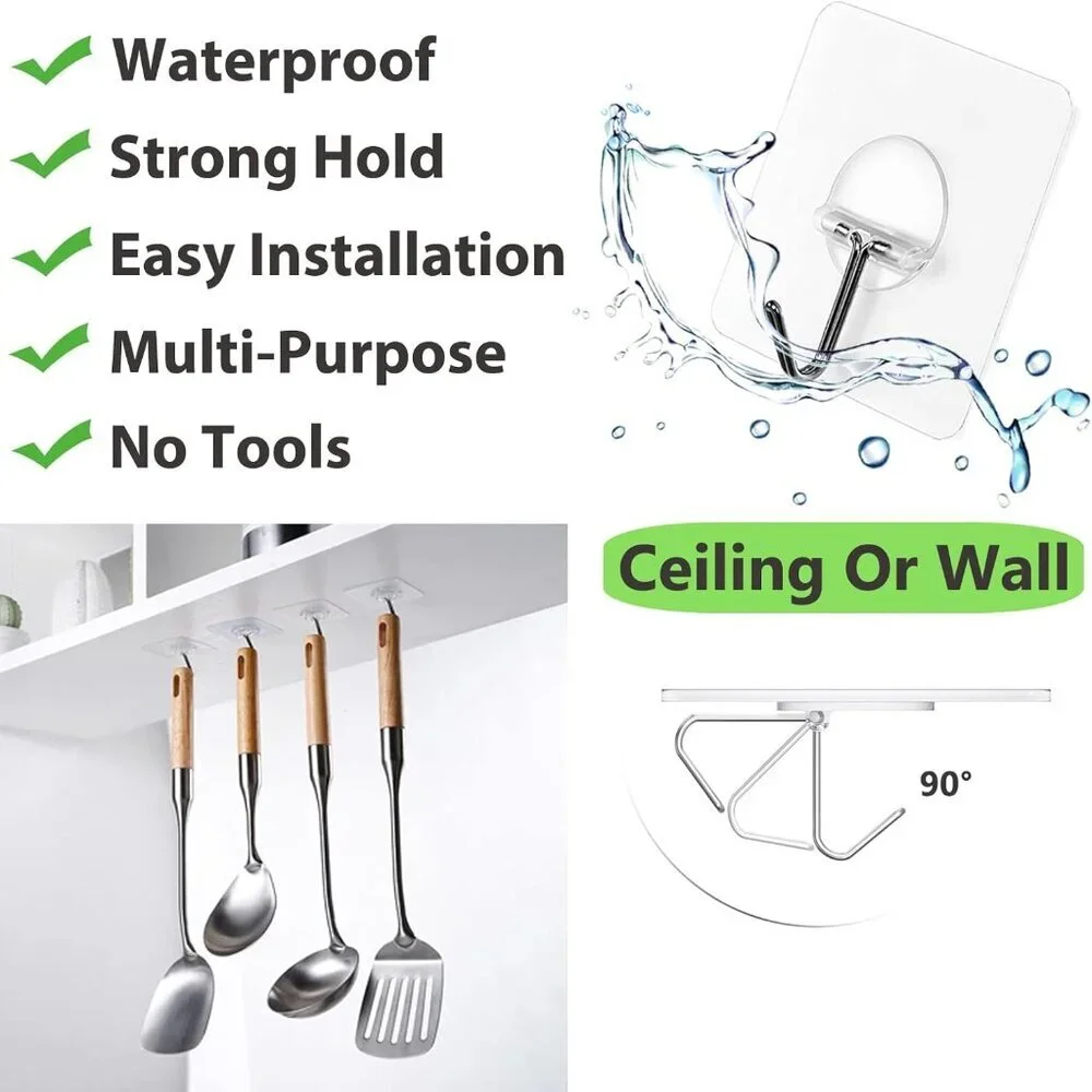 Classic Polished Adhesive Hooks - 8 Heavy Duty Transparent Wall Mounts for Home